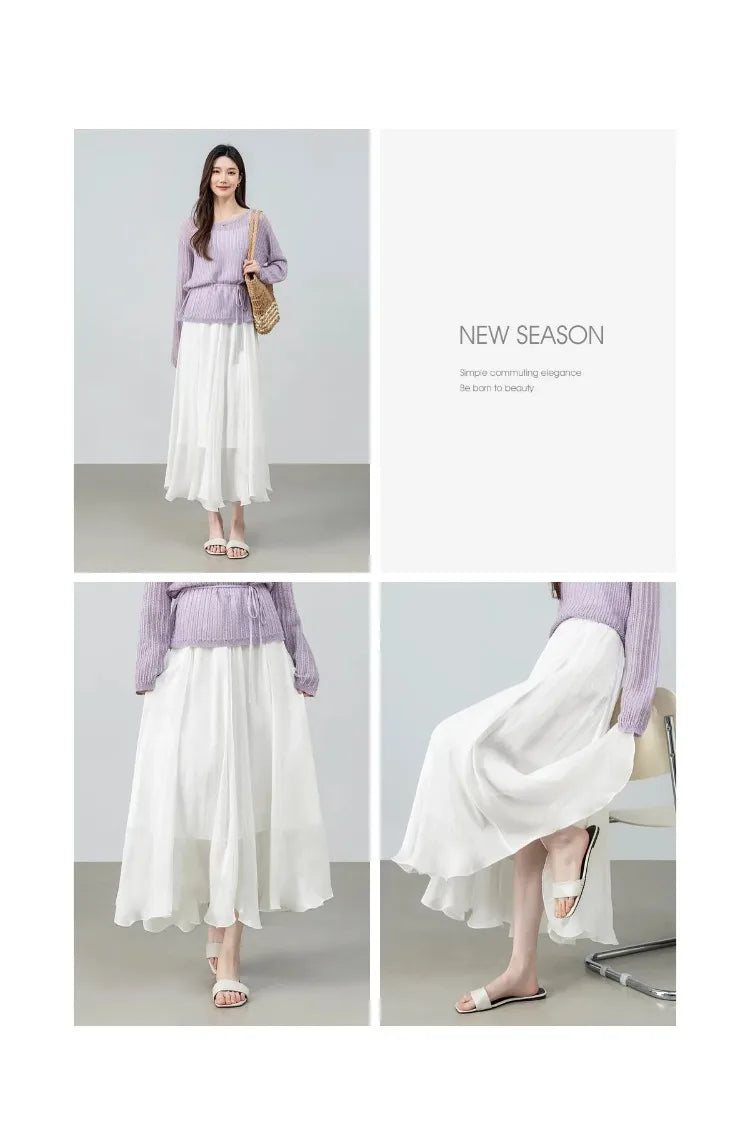 SENTUBILA Women's Summer Skirt 2026 Elegant Elastic Waist Sheen Flowy A Line Long Skirt for Woman Ladies Clothes 162QG4909