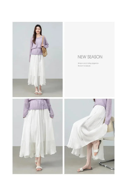 SENTUBILA Women's Summer Skirt 2026 Elegant Elastic Waist Sheen Flowy A Line Long Skirt for Woman Ladies Clothes 162QG4909
