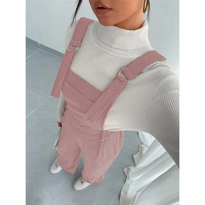 Women Casual Jumpsuit Corduroy Wide Shoulder Straps Button Detail Solid Color Relaxed Fit Autumn Winter Hand Wash Only