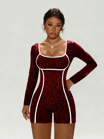 Women's Leopard Print Jumpsuit, Sexy One-Piece Long-Sleeve Bodysuit, Short Jumpsuit for Yoga & Gym, Black Streetwear