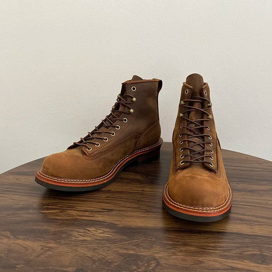 Vintage British Men Ankle Boots Handmade High Quality Cow Leather Shoes Tooling Round Toe Motorcycle Boots Autumn Winter Work