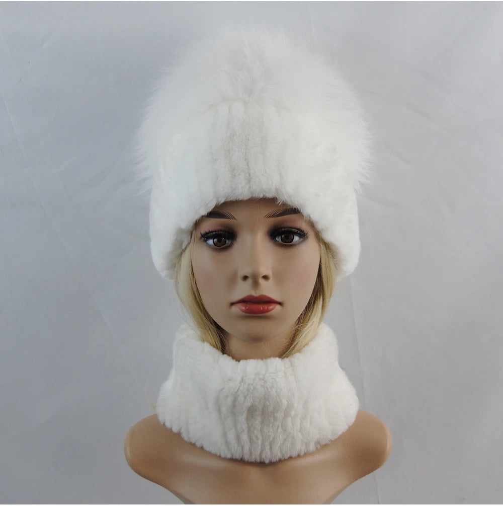 New Winter Lady Brand Hand Make Real Genuine Fox Fur Hat Scarf Girls Natural Real Rex Rabbit Fur Ring Cap Real Fur Scarves Hats