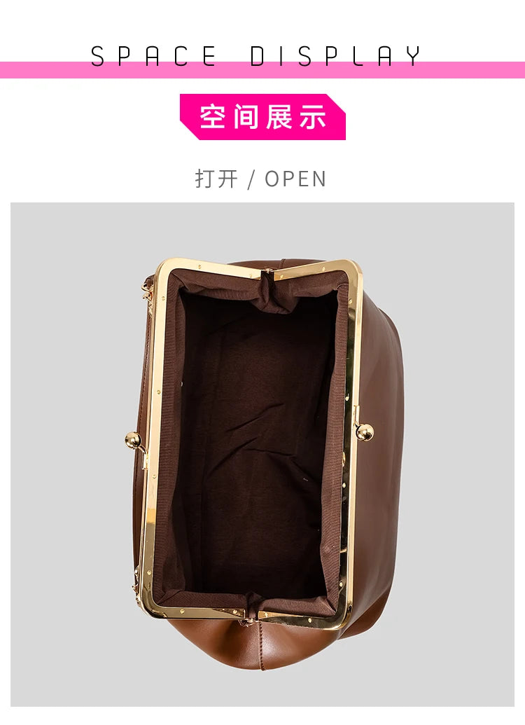 Fashion Large Kisslock Clutch Bag for Women Designer Clip Shell Women Shoulder Bags Luxury Soft Pu Leather Pink Color Handbags