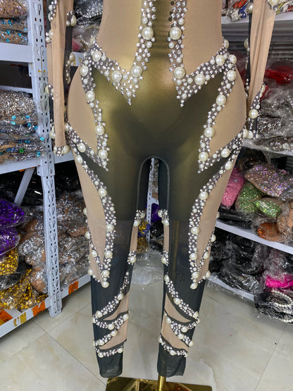 Women Special Occassion Long Sleeve Printed Pearl Studded Bodycon Jumpsuits Y2k Party Evening Club Singer Dancer Stage Costumes