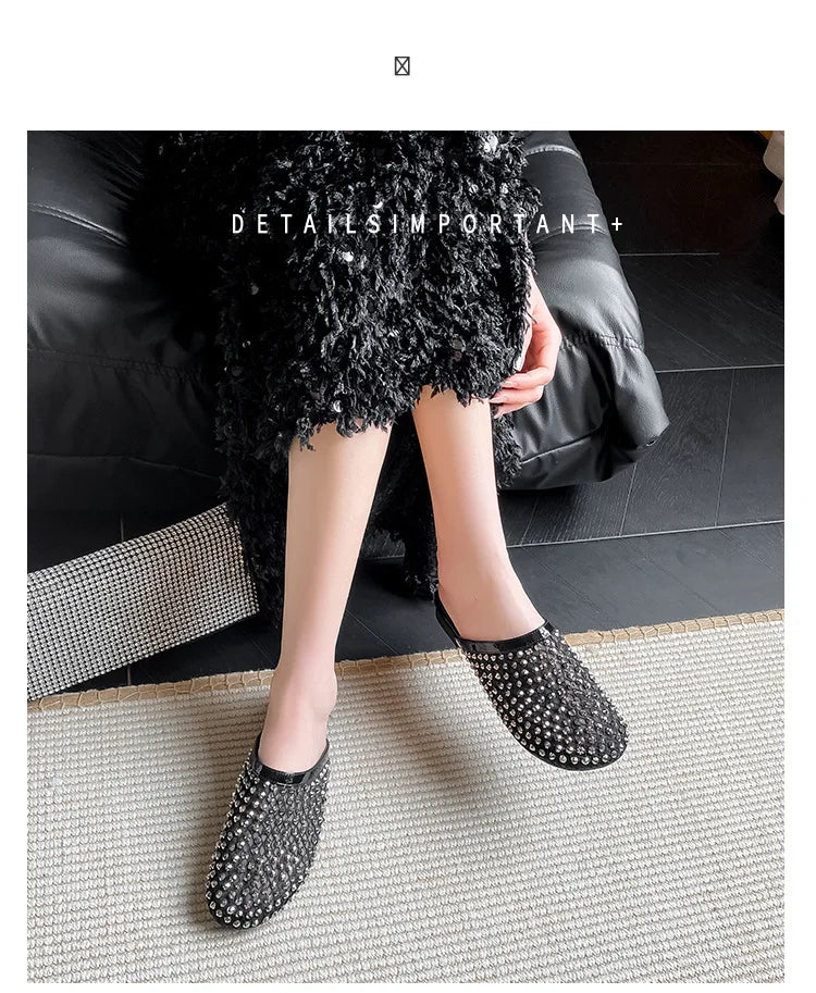Summer Shoes for Women Slippers Luxury Rhinestone Rivets Casual Sandals Mesh Slip-on Loafers