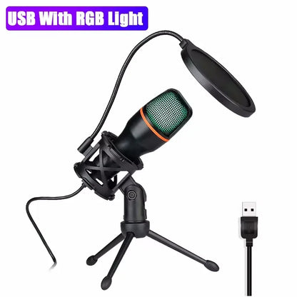 Computer Condenser Microphone Professional For PC Laptop USB Wired Streaming Sound Live Podcast RGB Record Gaming Accessories