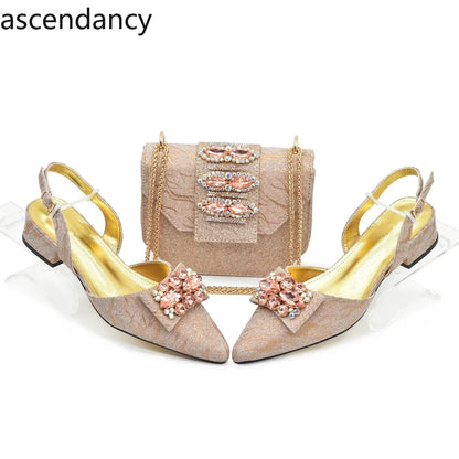 Designer Shoe and Bag Sets From Italy Luxury Rhinestone African Women Shoes and Bags Italy Low Heels Pointed Toe Woman Pumps