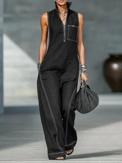 Women's 2026 New Mandarin Collar Sleeveless Jumpsuit – Linen Cotton Loose Fit Romper  Casual Wide Leg One Piece