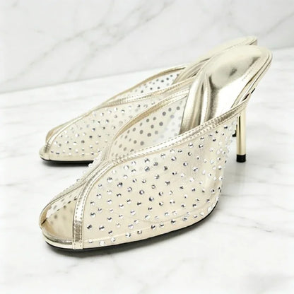 Luxury Rhinestone Detail Mules Sandals Women Sexy Peep Toe High Heel Slippers for Ladies Elegant Banquet Shoes Summer Mesh Shoes