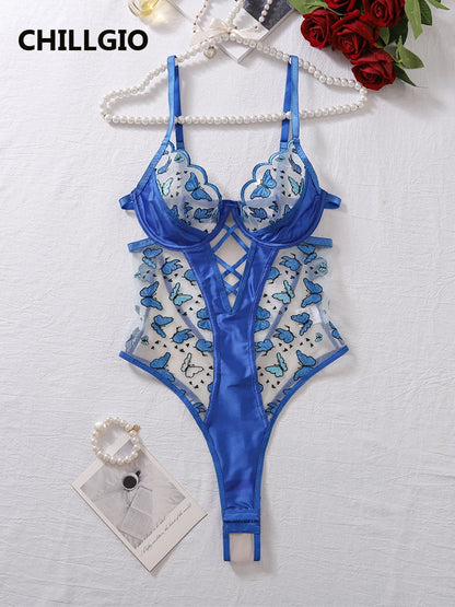 CHILLGIO Women Butterfly Embroidery Mesh Bodysuits Push Up Underwire Tights Sexy One Piece Combination Strappy Rompers Lingerie