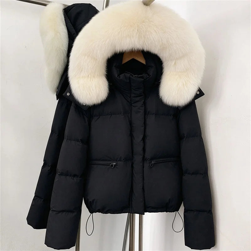 women's winter down jacket 2026 new detachable fox fur collar hooded women's down coat White duck down filled warm thick coat