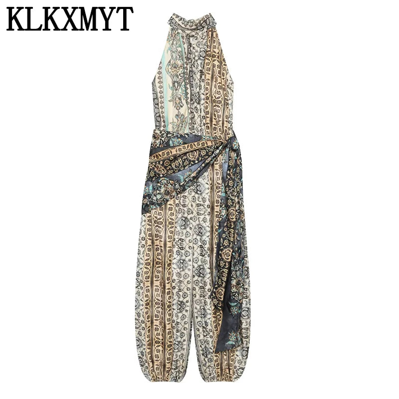 KLKXMYT New Vintage Print Jumpsuit For Women Lace-up Design Halter Neck Casual Outfit Fashion Backless Sexy Rompers ﻿ ﻿