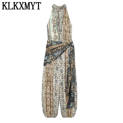 KLKXMYT New Vintage Print Jumpsuit For Women Lace-up Design Halter Neck Casual Outfit Fashion Backless Sexy Rompers ﻿ ﻿