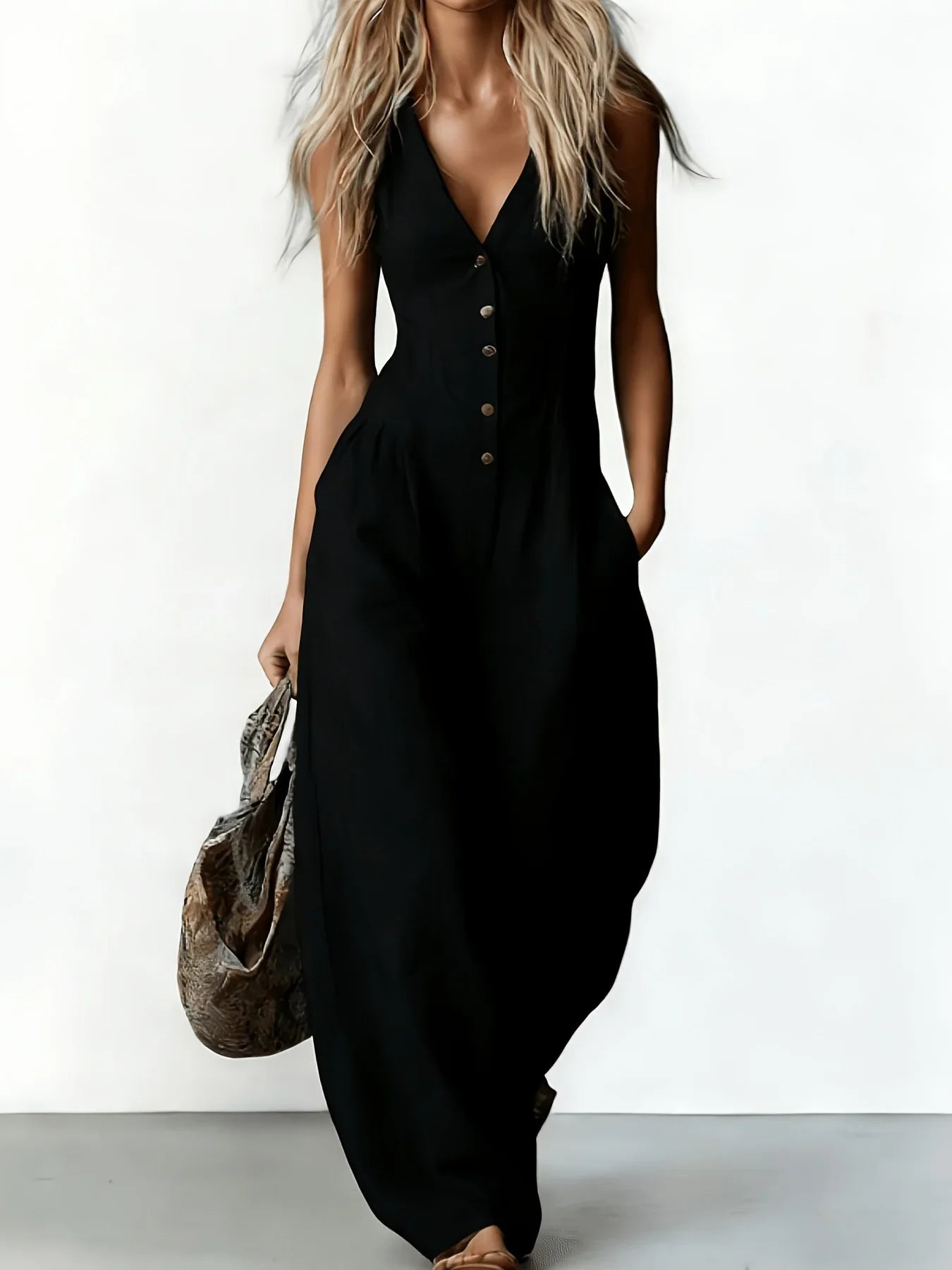 Women V Neck Spaghetti Strap Jumpsuit High Waist Pleated Wide Leg Long Pants with Pockets Casual Vacation Solid Overalls