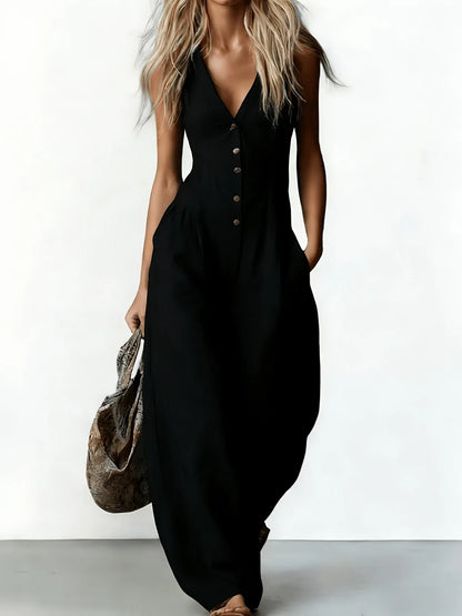 Women V Neck Spaghetti Strap Jumpsuit High Waist Pleated Wide Leg Long Pants with Pockets Casual Vacation Solid Overalls