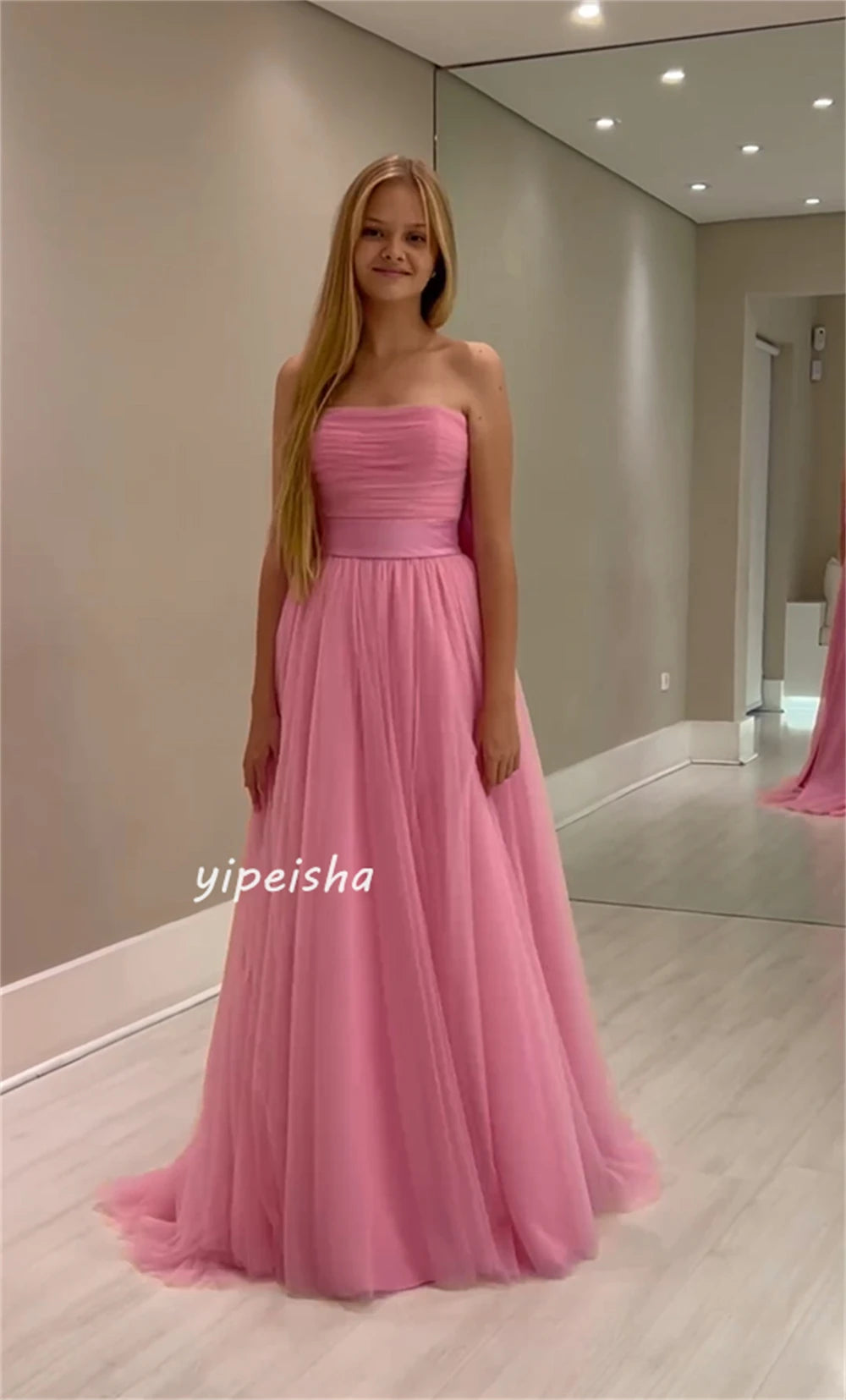 Customized Net Draped Sash Bow Graduation A-line Strapless Bespoke Occasion Gown Long Dresses