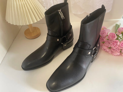 Brown Men Chelsea Boots Handmade High-quality Cow Suede Business Casual Square Toe Mid-heel Men Shoes Motorcycle Boots With Heel