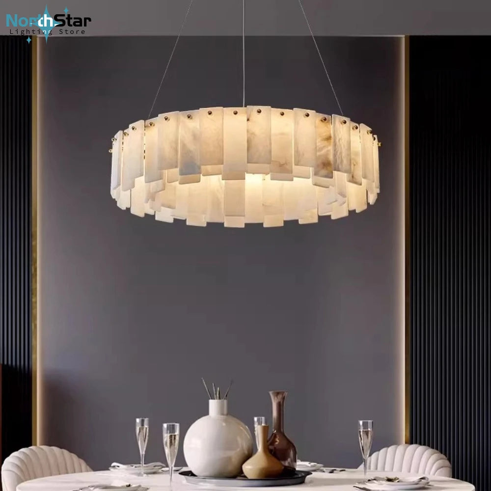 Minimalist Luxury Pendant Lights Solid Brass Natural Spanish Marble Chandelier Elegant for Living Room Dining Room Bedroom