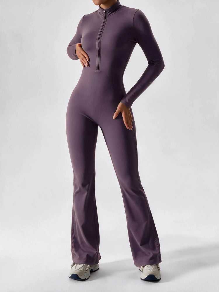 Elegant Zip-up Long Sleeve Sports Overalls for Women Autumn Winter Fleece Jumpsuits Ladies Yoga Fitness One Piece Tracksuit