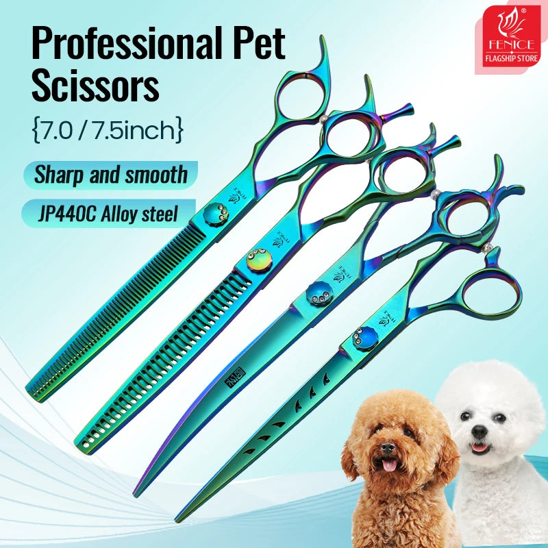 Fenice JP440C 7/7.5 Inch Professional Pet Dogs Grooming Scissors Kits Straight Curved Thinnier Chunker Shears Set For Dogs