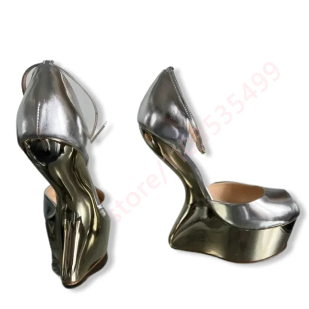 2026 Summer New Patent Leather Peep-Toe Platform Wedge Heels for Women Unique Curved Heel Ankle Strap Sexy Runway Party Sandals