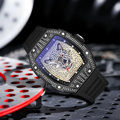 Tonneau Hollow Diamond Leopard Dial Quartz Watch Men Luxury Luminous Fashion Waterproof Rubber Sport Watches Men Steel Men Clock