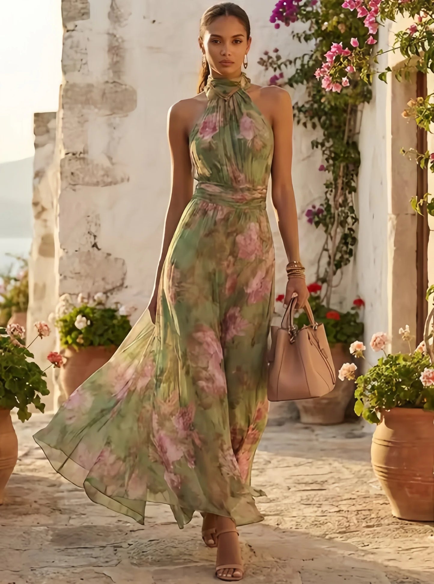 SINGREINY Elegant Green Floral Halter Chiffon Maxi Dresses Trendy Sleeveless A-line 2026 Women Floral Wedding Guest Party Dress