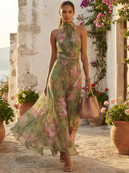 SINGREINY Elegant Green Floral Halter Chiffon Maxi Dresses Trendy Sleeveless A-line 2026 Women Floral Wedding Guest Party Dress