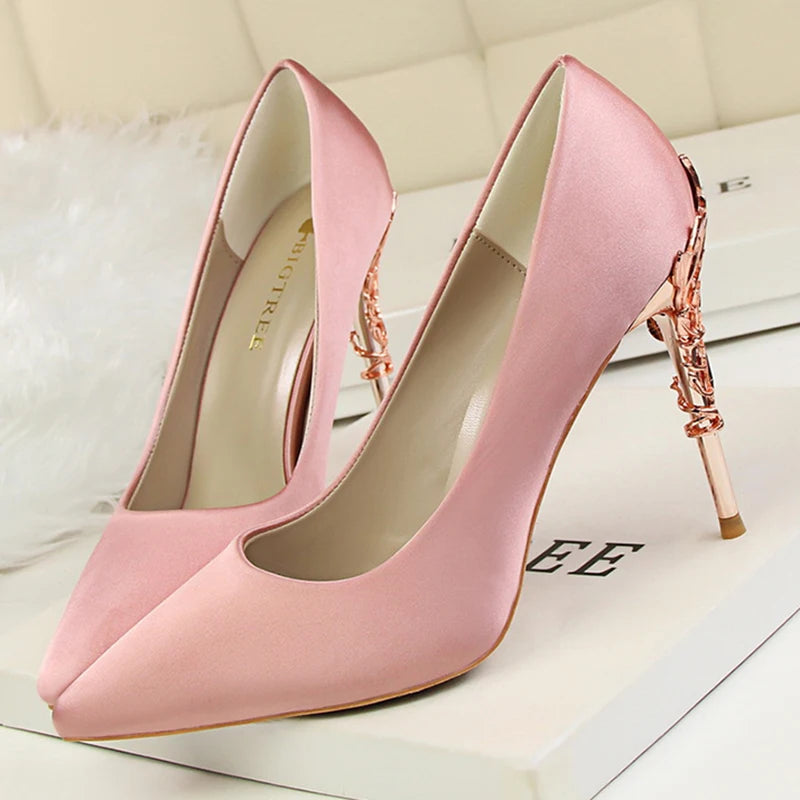 Women Luxury Metallic Decoration Heel Wedding Shoes Lady Trendy 10cm High Heels Pointed Toe Shoes Female Premium Gray Shoes
