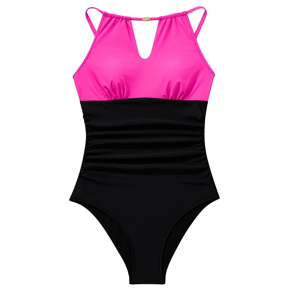 Women's One Piece Swimsuits High Neck Tummy Control Retro Bathing Suits Monokini Solid Summer Swimwear Beachwear Female
