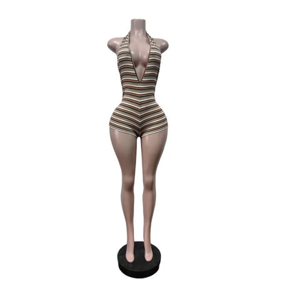 Summer Cute Baddies Romper Women Clothes Streetwear Halter Deep V-Neck Backless One Piece Striped Knit Ribbed Bodycon Jumpsuits
