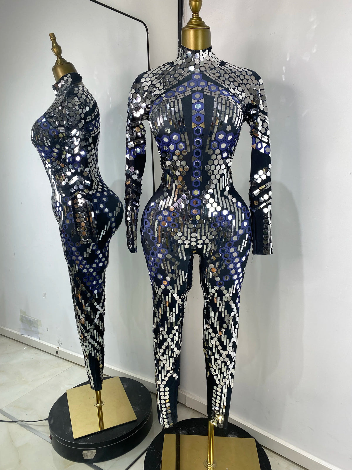 Women Performance Costumes Printed Sequines Rhinestones Spandex High Elastic Bodycon Jumpsuits Nightclub Evening Party Dress
