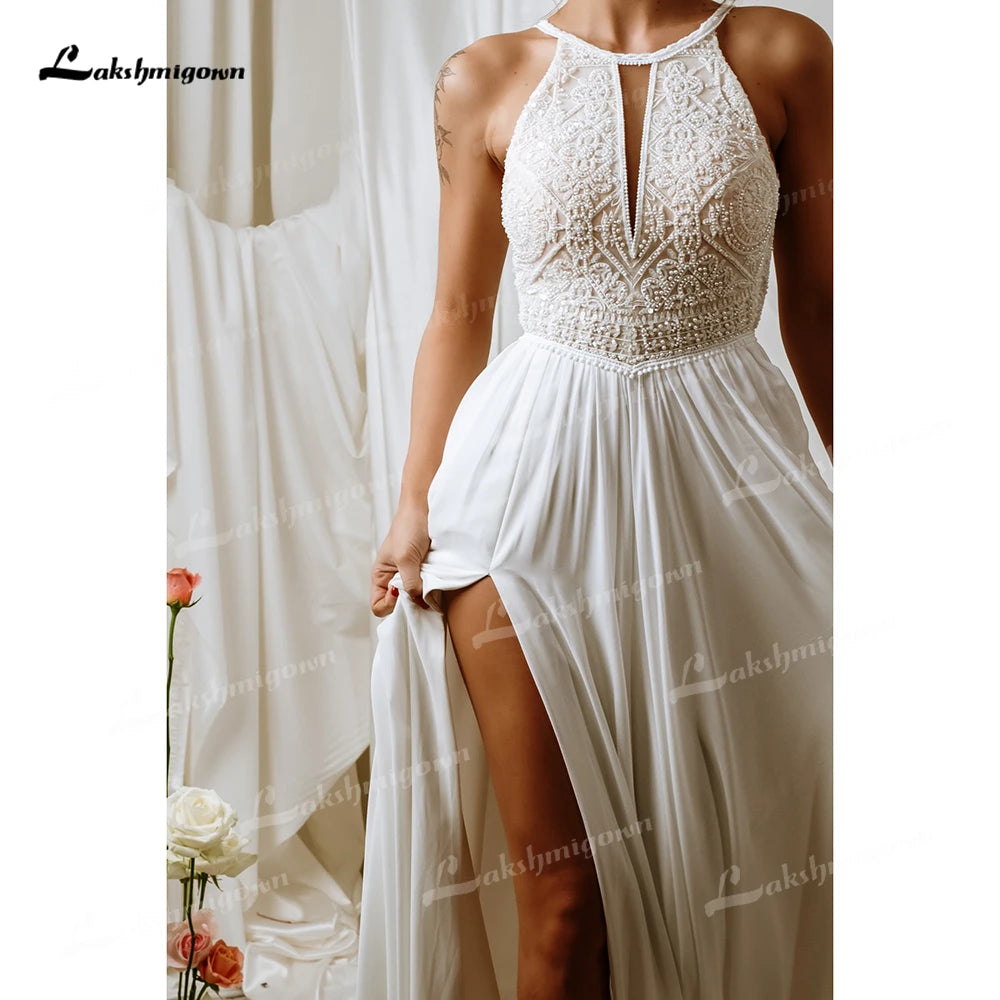 Boho Halter Sleeveless Lace Top Chiffon A Line Wedding Dress For Women Customized Bridal Gown Vestidos De Novia Robe De Mariée