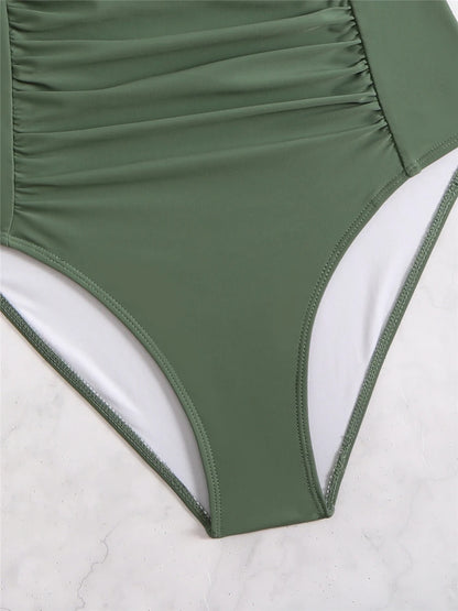 One Piece Solid Swimsuit Women 2026 Plain Ruched Swimwear Slim V Neck Bodysuit Female Bathers Bathing Swimming Swim Beach Summer
