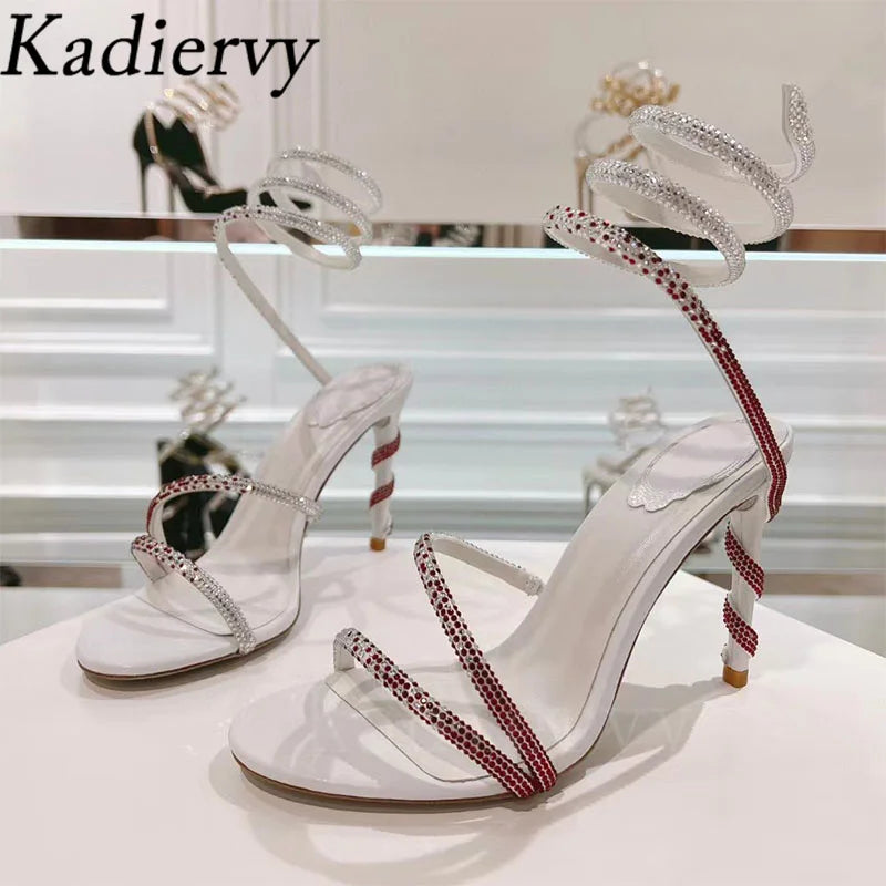 Luxury High Heels Sandals Woman Rhinestone Snake Twine Around Ankle Strap Wedding Shoes Stiletto Summer Gladiator Sandals Women