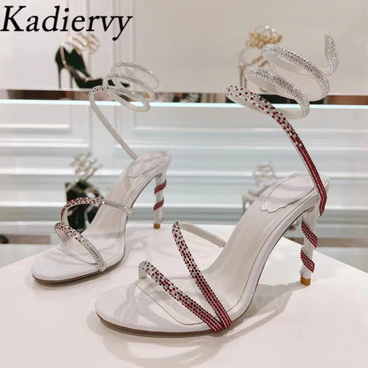 Luxury High Heels Sandals Woman Rhinestone Snake Twine Around Ankle Strap Wedding Shoes Stiletto Summer Gladiator Sandals Women