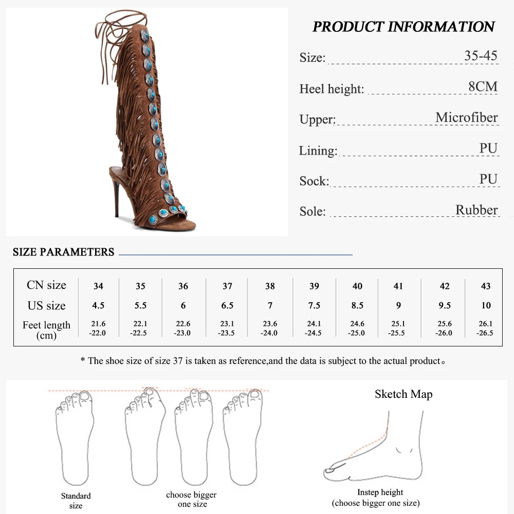 GMQM 2025 New Summer Festival Women's Knee High Boots Fringe Strappy Sandals Open Toe Lace-up Tassels High Heel For Dressy Shoes