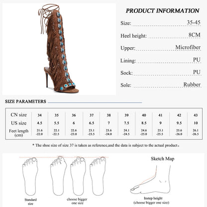 GMQM 2025 New Summer Festival Women's Knee High Boots Fringe Strappy Sandals Open Toe Lace-up Tassels High Heel For Dressy Shoes