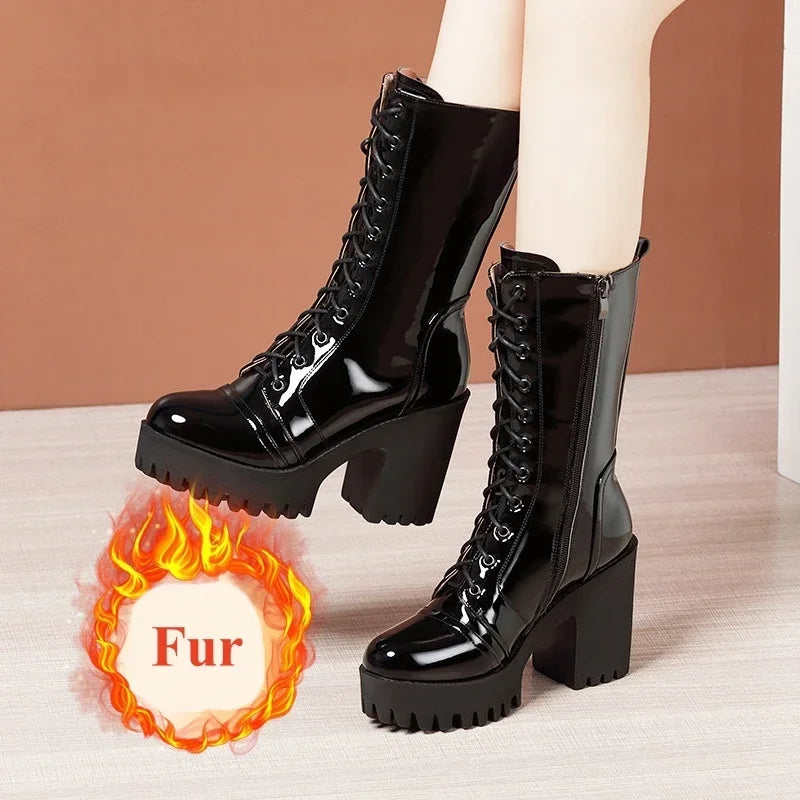 10cm Small Size 32-43 Fall Winter Genuine Leather Boots Platform Shoes 2026 Womens Block High Heels Mid Leg Boots Office Model