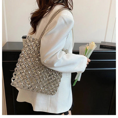 2026 Fashion Exquisite Bead Sense of Luxury Hollow Out Women‘s Handbags Hot Sale New No Zipper Acrylic Square Shoulder Bags