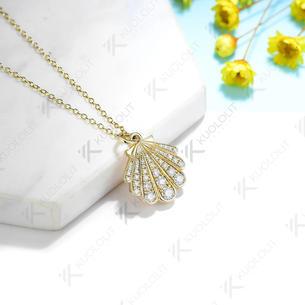 Kuololit 0.8CTW Moissanite Necklace Solid 10k 14k Yelllow Gold for Women Luxury Jewelry Shell Shape Wedding Engagement Christmas