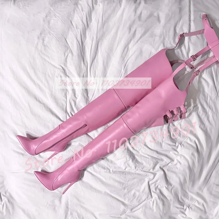 Pink Hollow Crotch Boots Women Buckle Belted Pointed High Heels Shoes Ladies Sexy Fashion Leggy Slim Large Size Stiletto Boots
