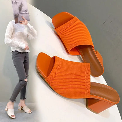 Women's Luxury Casual Soft High Heel Sandals Black Mules Summer Slippers Outdoor Shoes Open Toe