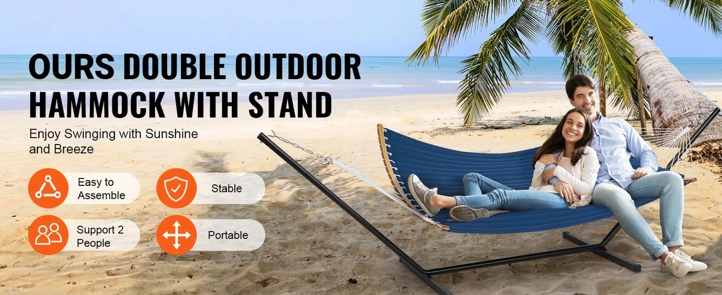 SucceBuy Two Person Hammock with Stand Included Double Hammock with Curved Spreader Bar and Detachable Pillow and Portable Bag