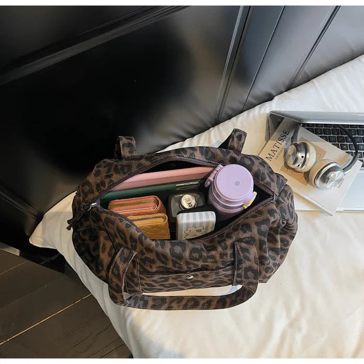 Trendy Leopard Print Canvas Shoulder Bag Large Capacity Fashion Tote Handle Bag for Daily Commute Versatile Texture Storage Bags