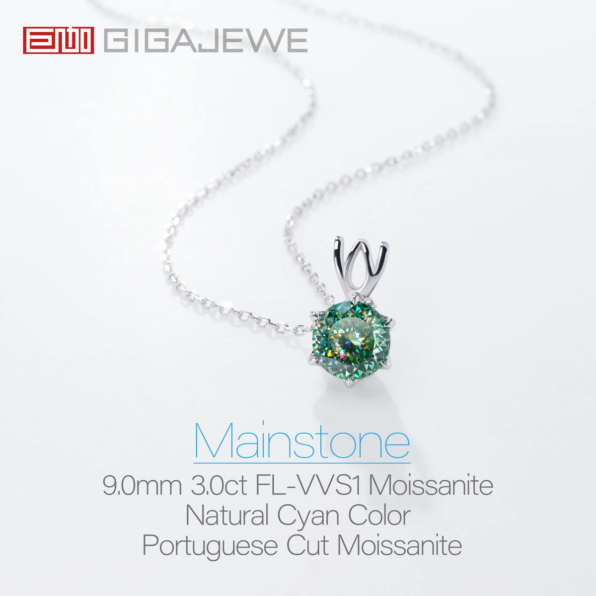 GIGAJEWE 9.0mm 3.0ct Portuguese Cyan Color VVS1 Moissanite 925 Silver Christian Religious Cross Pendant Necklace Woman Girl Gift