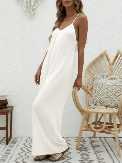 Women's Apricot Spaghetti Strap Jumpsuit V Neck Wide Leg Loose Fit Casual Spring Summer Beach Vacation Boho Fashion Romper