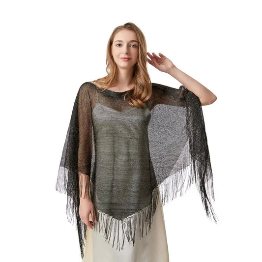 New Knit Tassel Knit Poncho Top Shimmer Asymmetrical with Tassel Beach Cover Up Casual Irregular Mesh Wrap Capelet Spring Summer