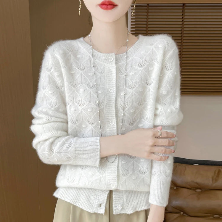 New Autumn Winter Soft Warm Cardigan Woman Cashmere Sweater O-neck Women 100% Merino Wool Sweater Loose Fit Hollow out Top Coat