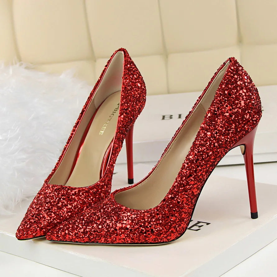 Women 7cm 9.5cm High Heels Pumps Wedding Bridal Scarpins Sparkly Mid Heels Lady Party Sequins Glitter Evening Gold Silver Shoes